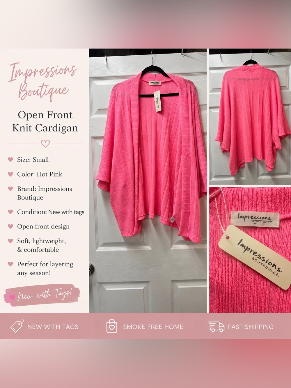 Impressions Boutique Open Front Knit Cardigan - Hot Pink